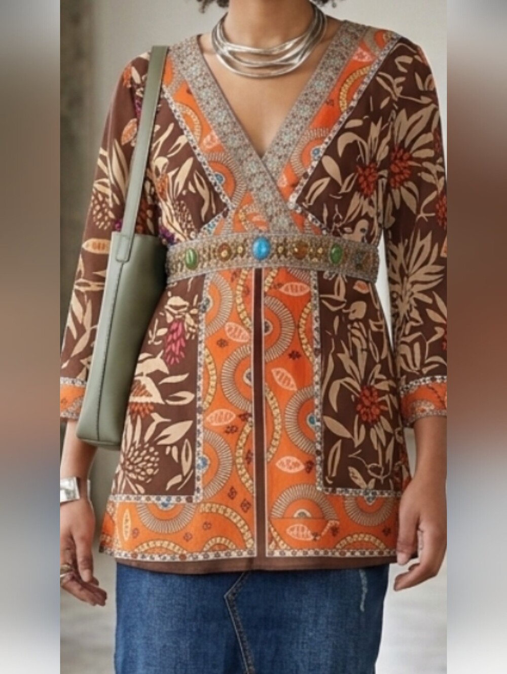 Diane Gilman Embellished V-Neck Top Orange Brown Floral Boho M